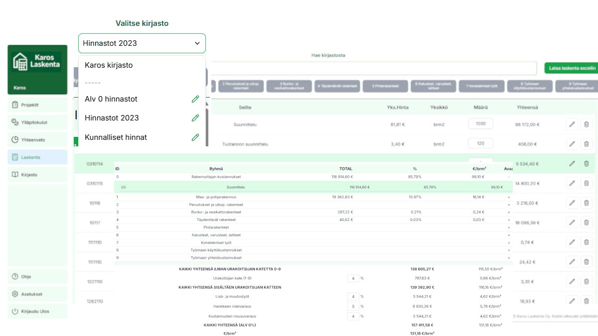Karos laskenta hinnastot